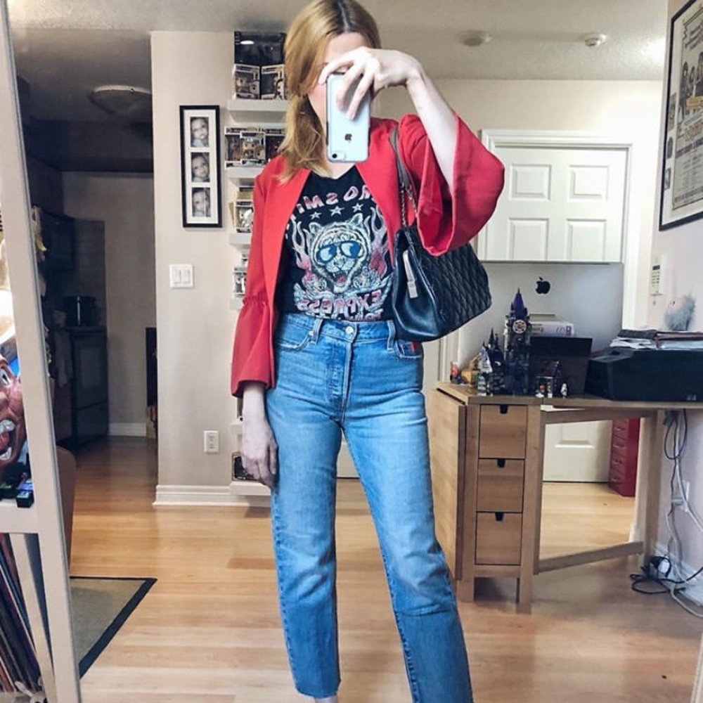 Zara Basic Red Collarless Open Front Blazer Jacket with Dramatic Ruffle Bell S - Picture 7 of 8